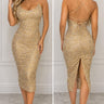 Gold Sequin Lace Midi Dress | Open Back Bodycon Cocktail Dress | Golde