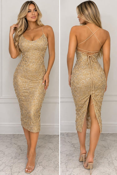 Gold Sequin Lace Midi Dress | Open Back Bodycon Cocktail Dress | Golden