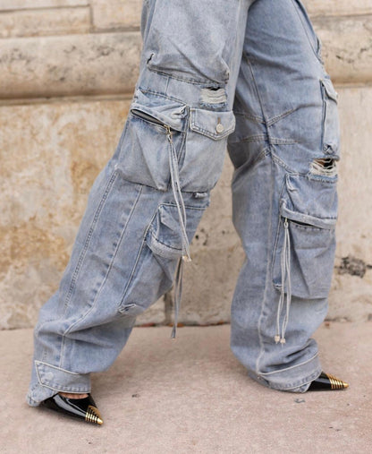 Street Utility Distressed Cargo Jeans