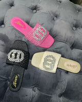 Black slides with gemstone detail and tweed upper