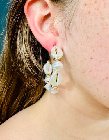Natural shell boho earrings with pearl-like accents