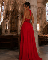 Goddess Allure Rhinestone Halter Gown- Red