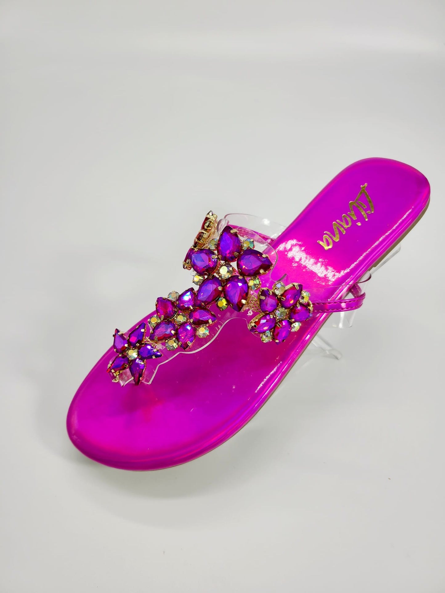 Moly Rhinestone Faux Jeweled Thong Flat Sandals (Pink)