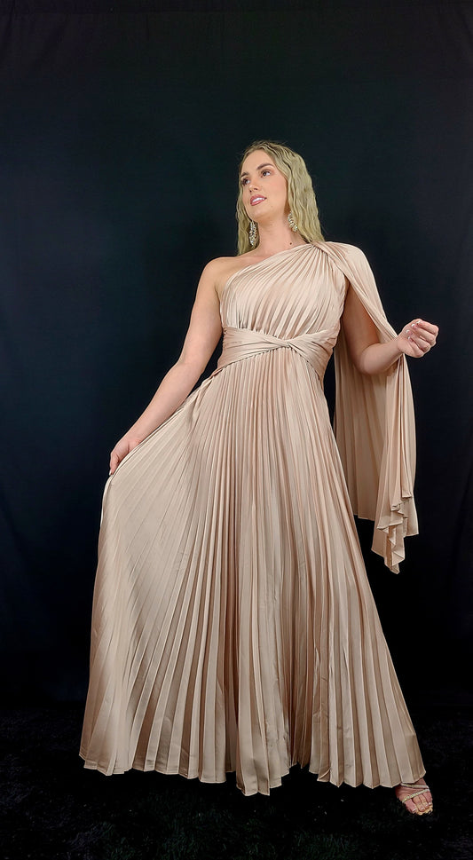 One Shoulder Pleated Maxi Dress (Champagne)