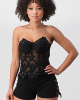 Aurelia Embroidered Lace Mesh Corset Top – Black