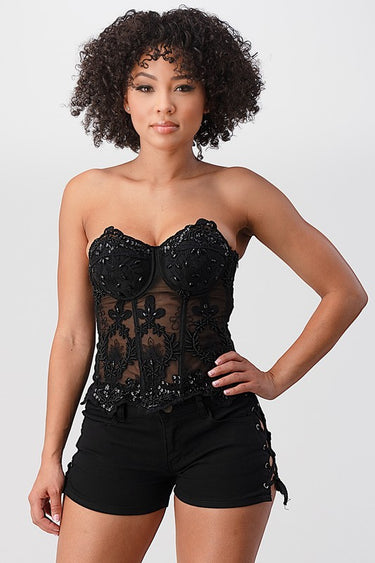 Aurelia Embroidered Lace Mesh Corset Top – Black