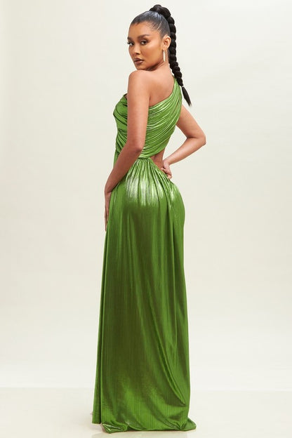 One Shoulder Pleated Gown Maxi Dress (Moss)