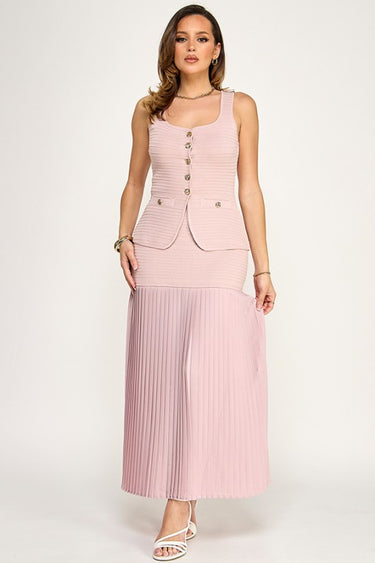 Elegant Muse Pleated Maxi Skirt Set - Mauve
