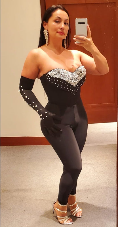 Satin Pearls Rhinestones Corset (Black)