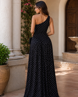 Midnight Muse Polka Dot Ruffle Maxi Dress – Black/Wh | Maxi Dress