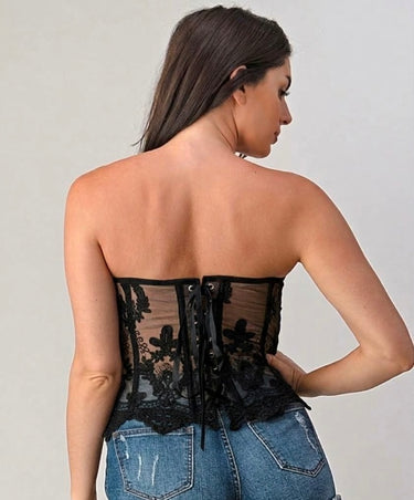 Aurelia Embroidered Lace Mesh Corset Top – Black