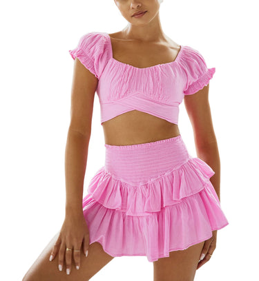 Lola Sky Pink Crop Top with Soft Ruffle Sleeves