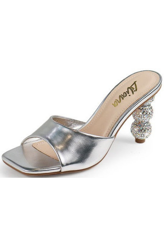 Rhinestone Ball Heel Slide Sandals (Silver)