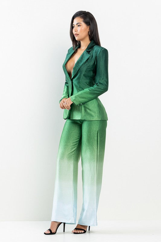 Ombre Print Satin Blazer and Pants Set (Green)