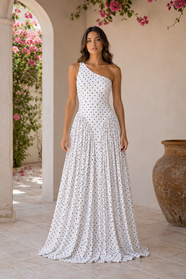 Monaco Muse One-Shoulder Polka Dot Maxi Dress – White/ Black