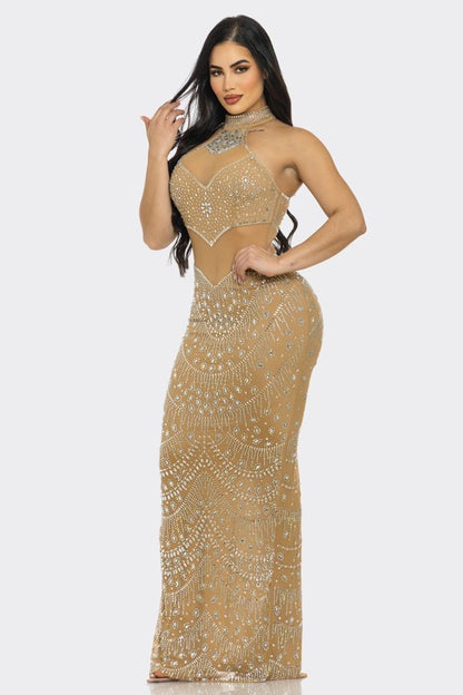 Radiant Glamour Rhinestone Maxi Dress (Nude)