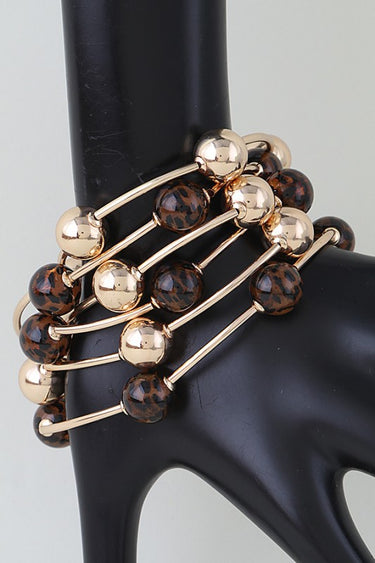 Leopard & Gold Bead Stackable Bangle Set – 6-Piece Wire Bangle Bracelet Set | Palazzo Couture