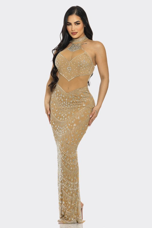 Radiant Glamour Rhinestone Maxi Dress (Nude)