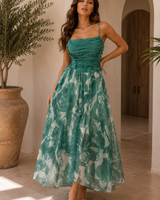 Emerald Garden Lace-Up Midi Dress | Green Floral Corset Dress