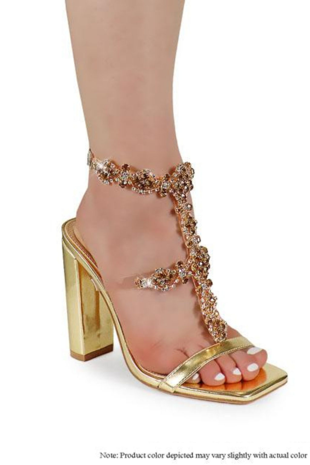 Rhinestone Chunky Heel Sandals (Gold)