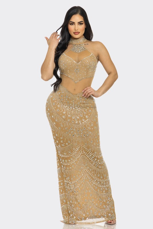 Radiant Glamour Rhinestone Maxi Dress (Nude)