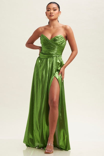 Ainsley Metallic Pleated Maxi Dress (Olive)