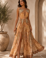 Celeste Draped Mesh Pleated Maxi Dress - Light Beige | Maxi Dress