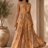 Celeste Draped Mesh Pleated Maxi Dress - Light Beige | Maxi Dress