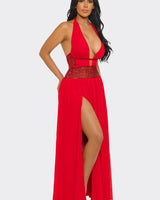 Goddess Allure Rhinestone Halter Gown- Red