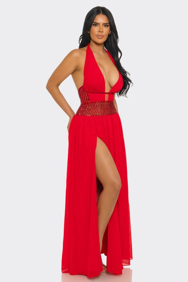 Goddess Allure Rhinestone Halter Gown- Red