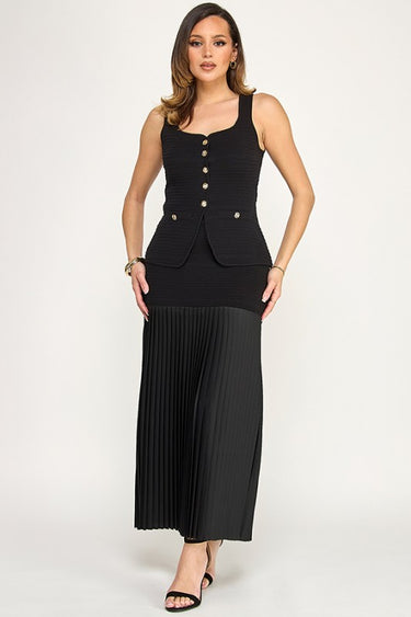 Elegant Muse Pleated Maxi Skirt Set - Black