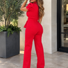Crystal Collar Halter Denim Jumpsuit - Blue | Women's