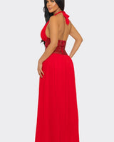 Goddess Allure Rhinestone Halter Gown- Red