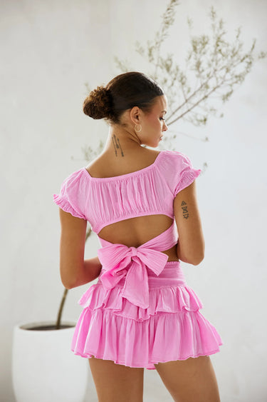 Lola Sky Pink Crop Top with Soft Ruffle Sleeves