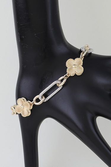Cubic Zirconia Two-Tone Clover Twisted Chain Bracelet