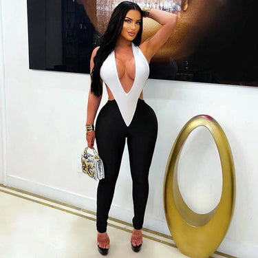 Midnight Temptation Plunge Jumpsuit- Black/ White