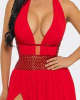 Goddess Allure Rhinestone Halter Gown- Red