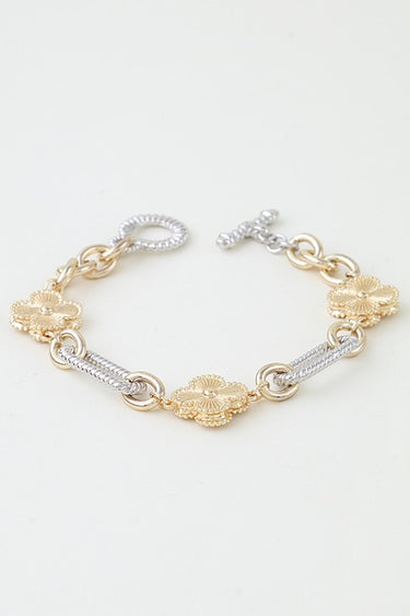 Cubic Zirconia Two-Tone Clover Twisted Chain Bracelet