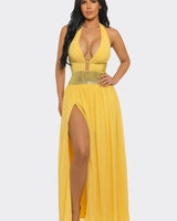 Goddess Allure Rhinestone Halter Gown- Yellow