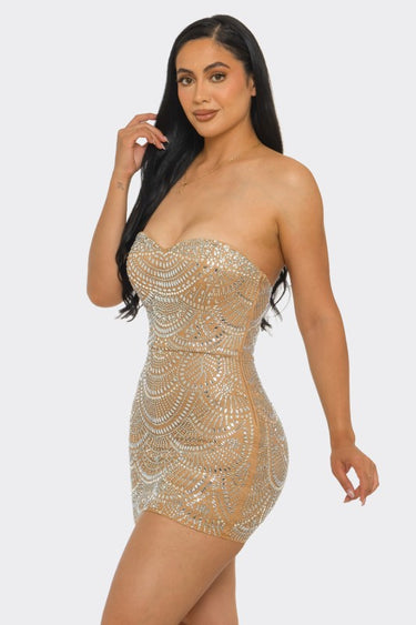 Celeste Rhinestone Strapless Mini Dress - Nude