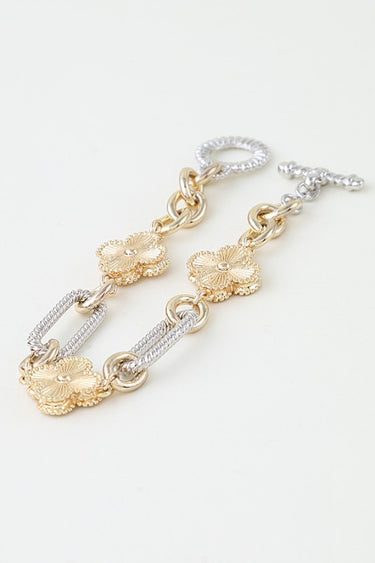 Cubic Zirconia Two-Tone Clover Twisted Chain Bracelet