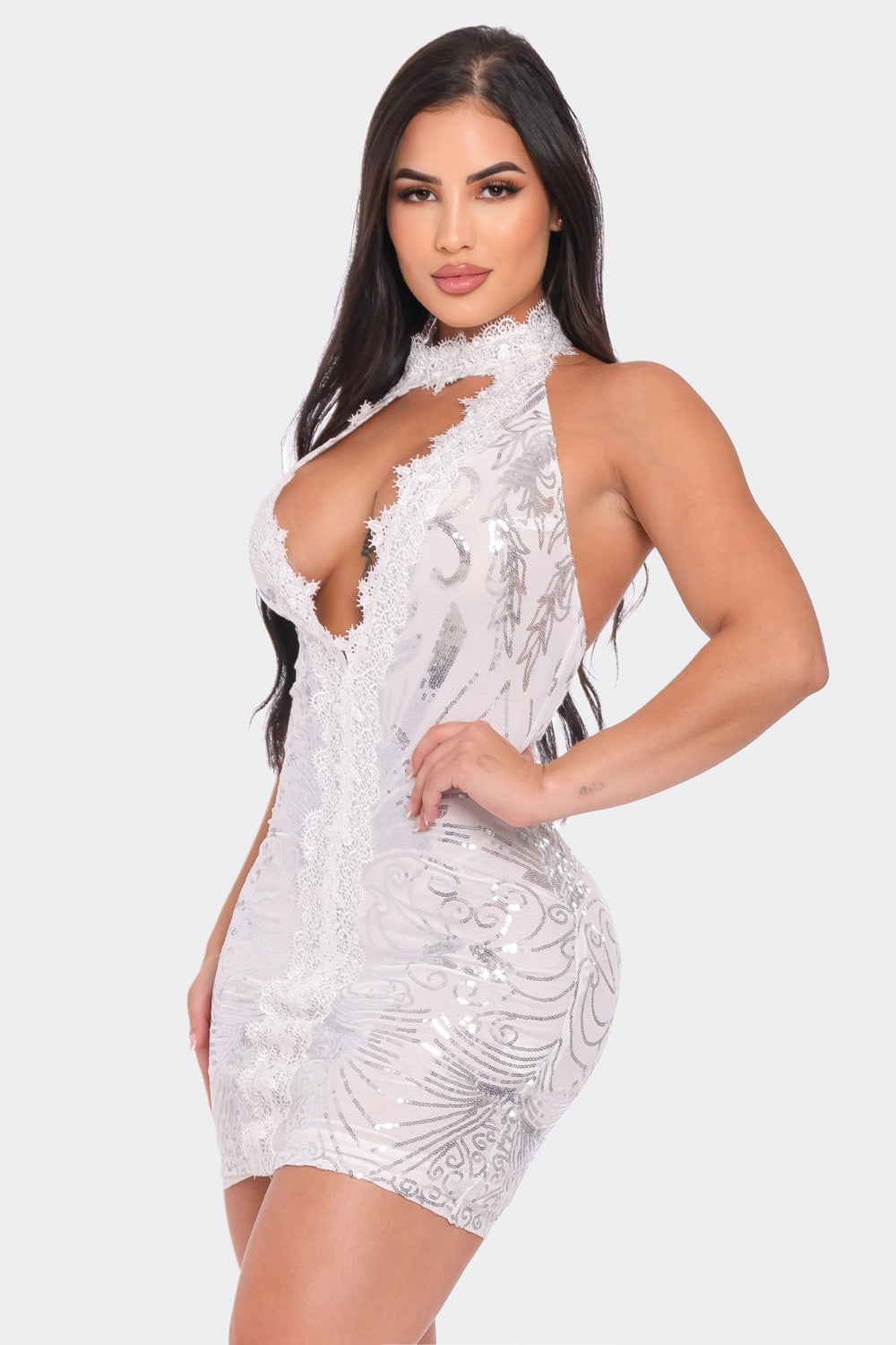 Fell From Heaven Sequin Crochet Mini Dress (White)