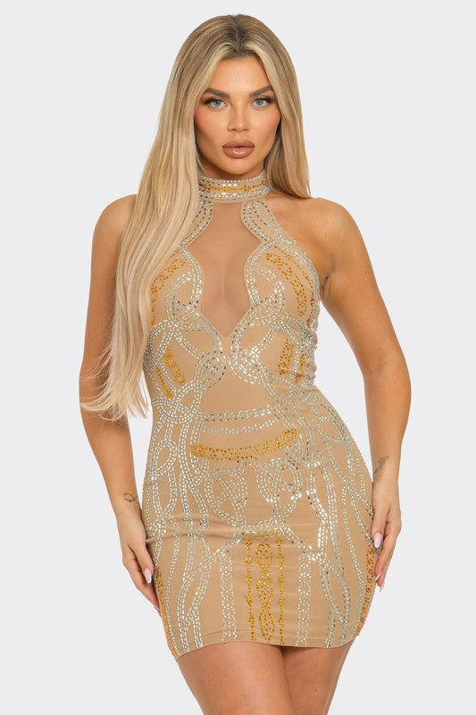 Shimmering Opulence Mini Dress (Nude)