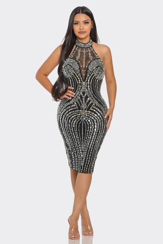 Luxe Radiance Rhinestone Midi Dress (Black)