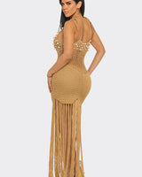 Camel Shell Embellished Crochet Fringe Cover-Up Dress