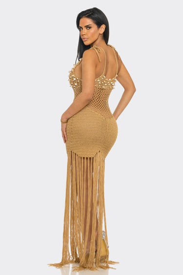 Camel Shell Embellished Crochet Fringe Cover-Up Dress