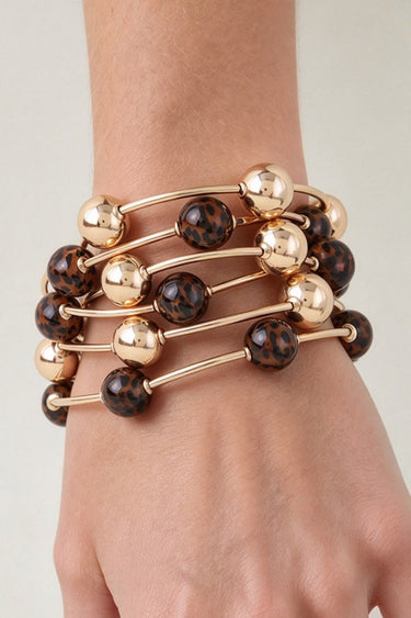 Leopard & Gold Bead Stackable Bangle Set – 6-Piece Wire Bangle Bracelet Set | Palazzo Couture