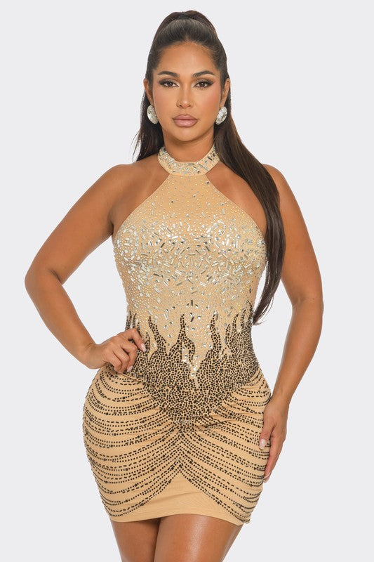 Rhinestone Flame Halter Mini Dress (Nude)