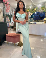 Luxe Satin Drape Gown Maxi Dress (Sage) - Palazzo Couture Online