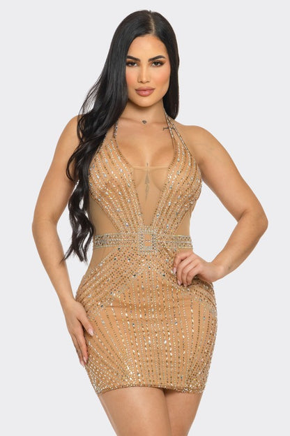 Radiant Rhinestone Halter Mini Dress